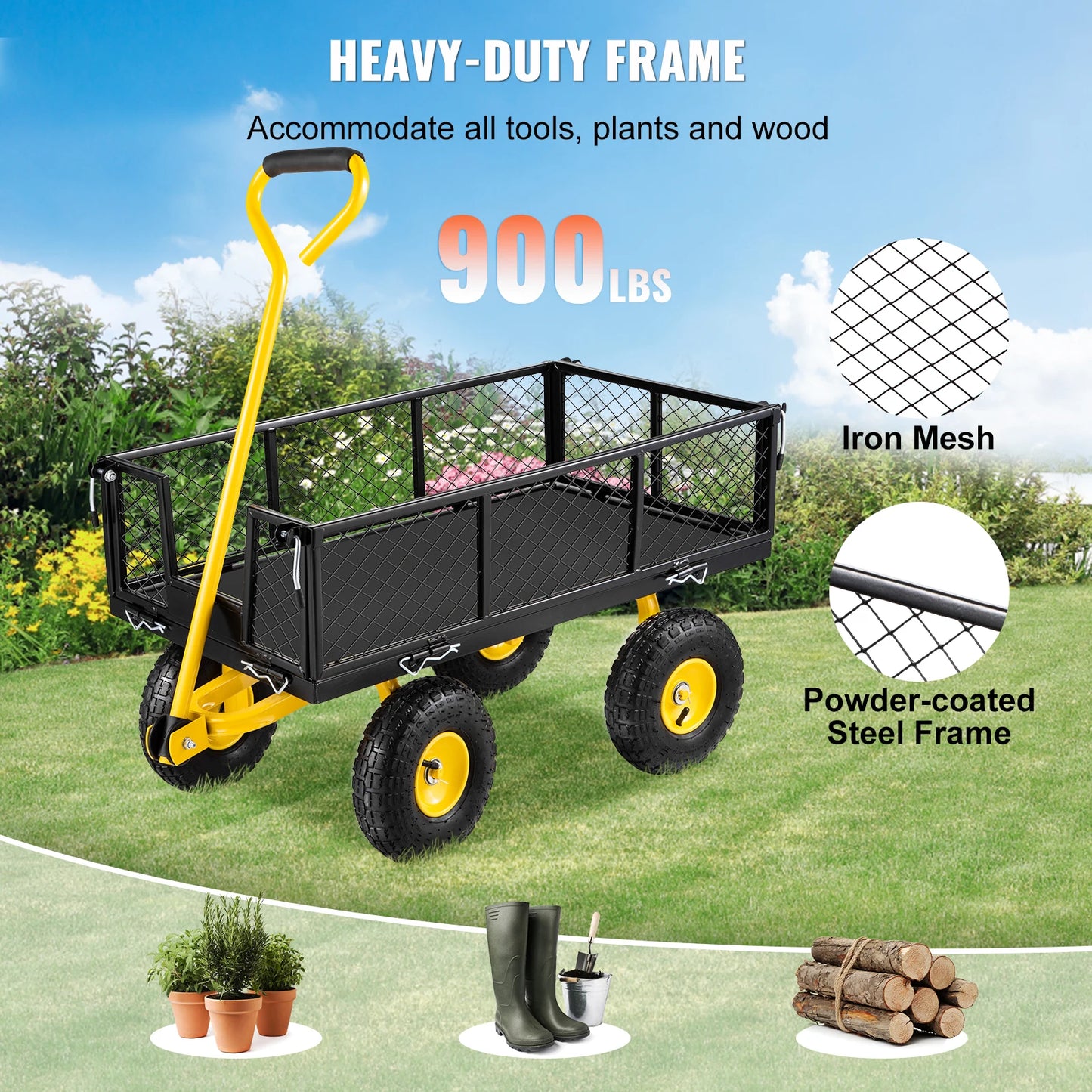 Steel Garden Cart Heavy Duty 500/900/1200/1400lbs Capacity with Removable Mesh Sides to Convert into Flatbed Metal Wagon