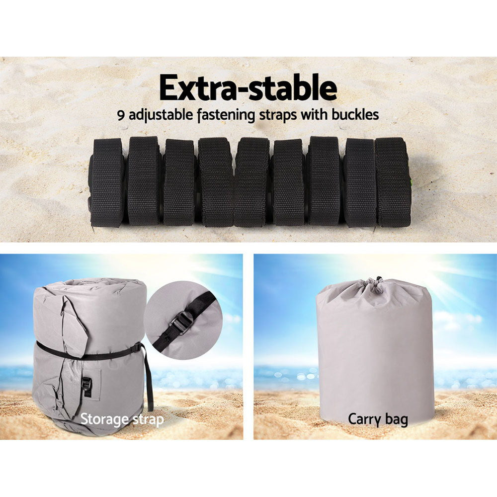 Extra-stable storage bag with adjustable straps and buckles, shown on a sandy background.