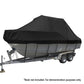 Black boat cover on a trailer with text indicating it's for demonstration purposes only.