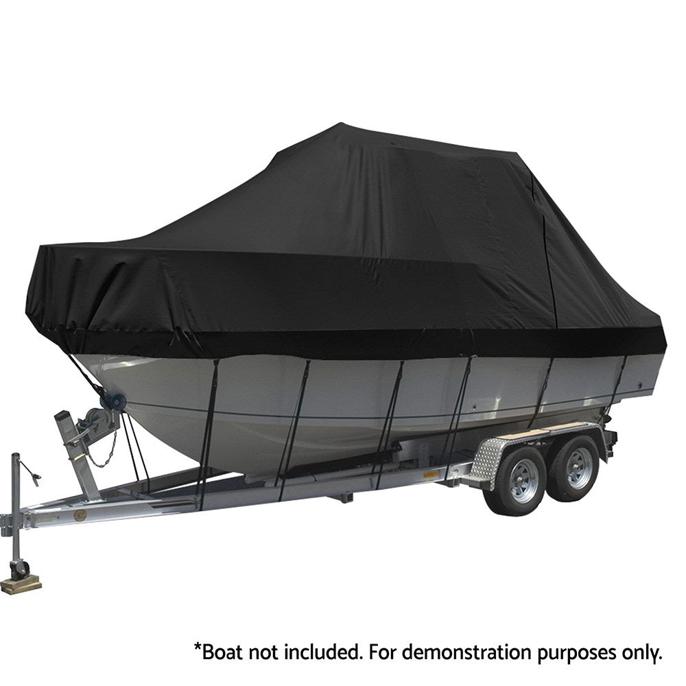Black boat cover on a trailer with text indicating it's for demonstration purposes only.
