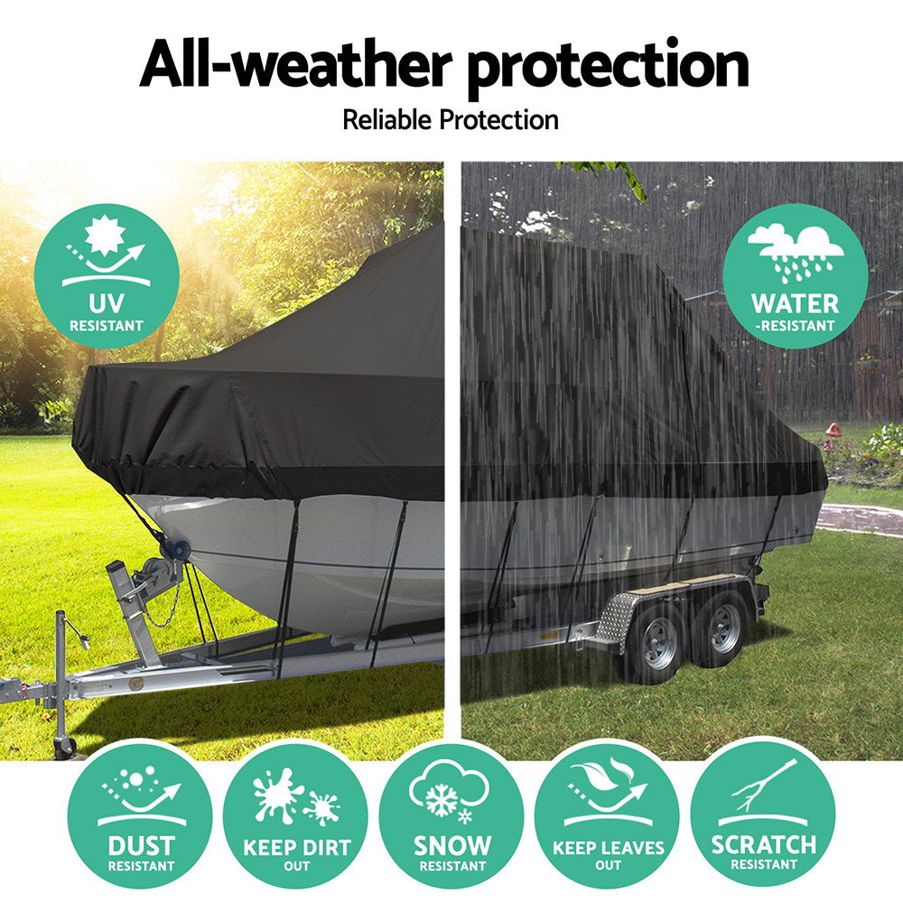 Boat cover with all-weather protection features on a grassy background