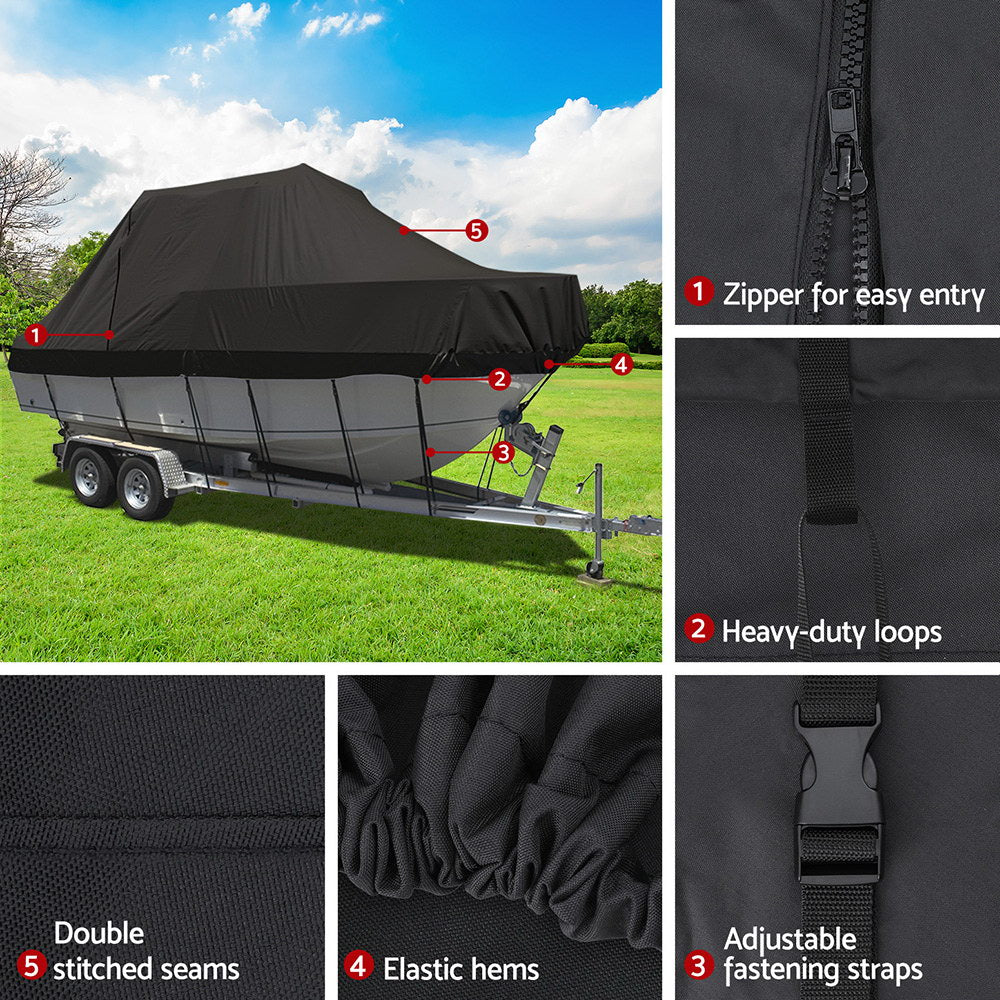 Black boat cover with features highlighted on a grassy field with a blue sky.