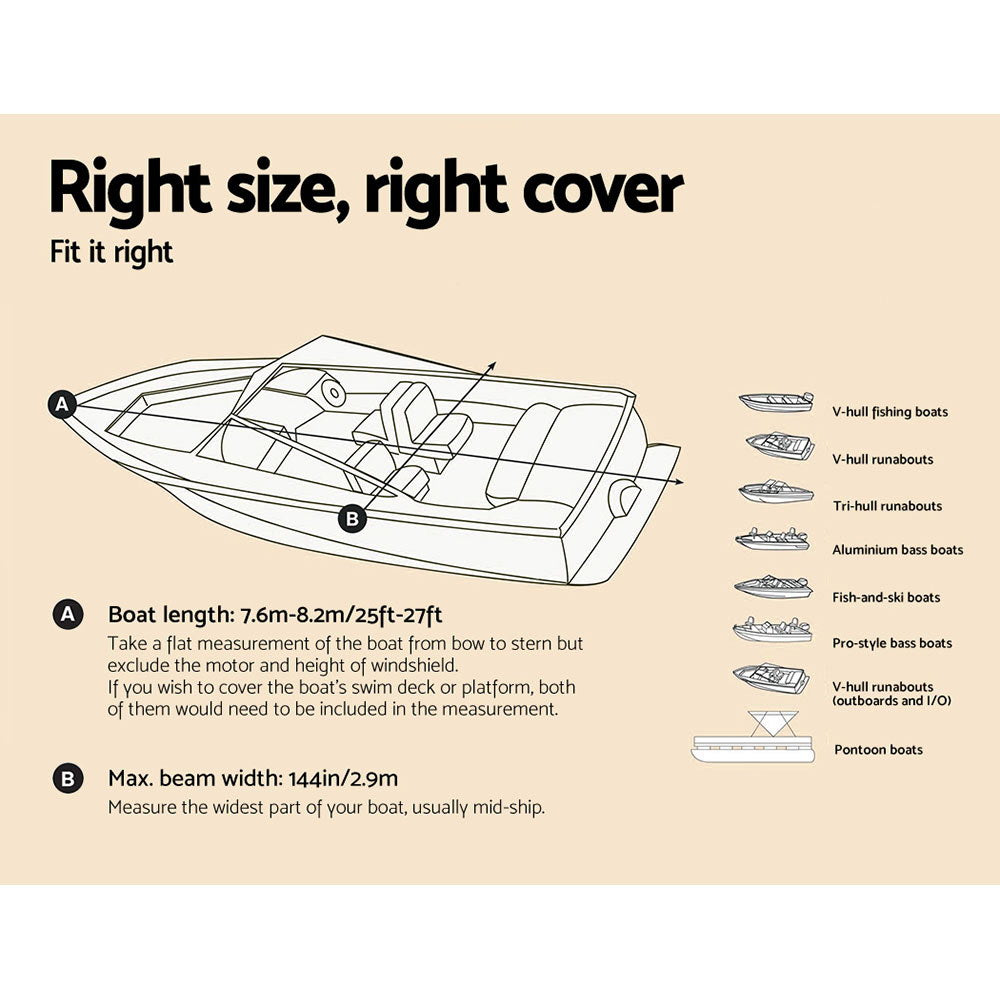Diagram and instructions for selecting the right boat cover size with illustrations of various boat types.