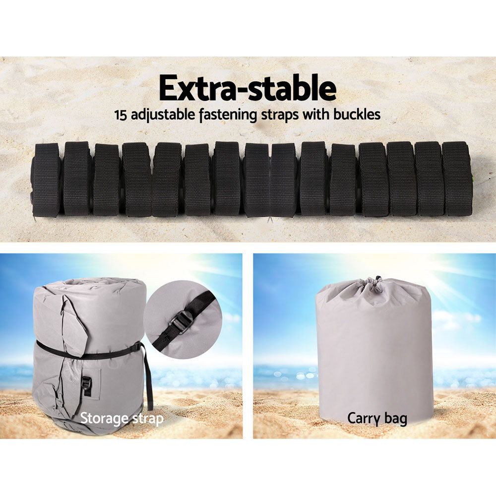 Extra-stable straps with buckles and storage and carry bags on a sandy background