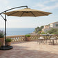 Beige patio umbrella with black stand on a white background