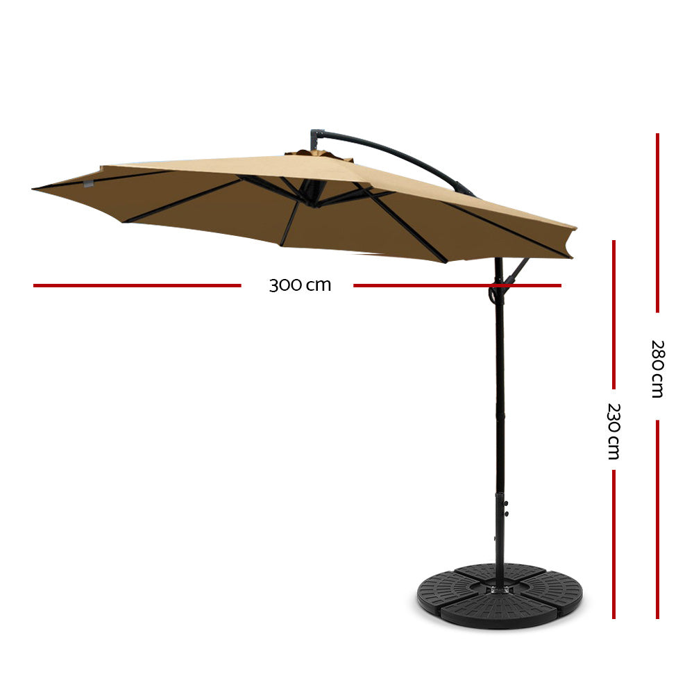 Beige patio umbrella with dimensions on a white background