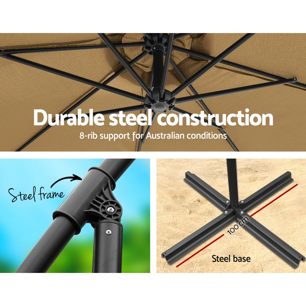 Umbrella with durable steel construction features, including 8-rib support and steel frame and base.