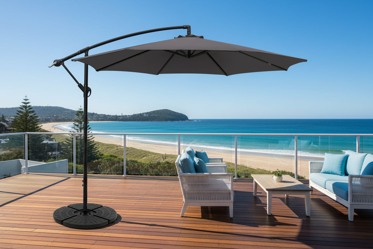 Outdoor Umbrella with Beach Background