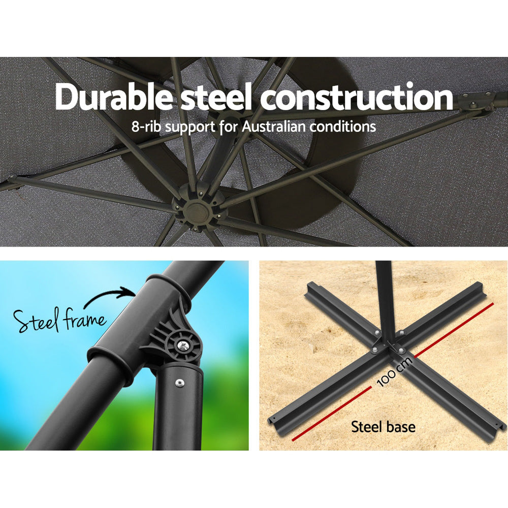3m Outdoor Umbrella w/Base Cantilever Beach Garden Patio Charcoal
