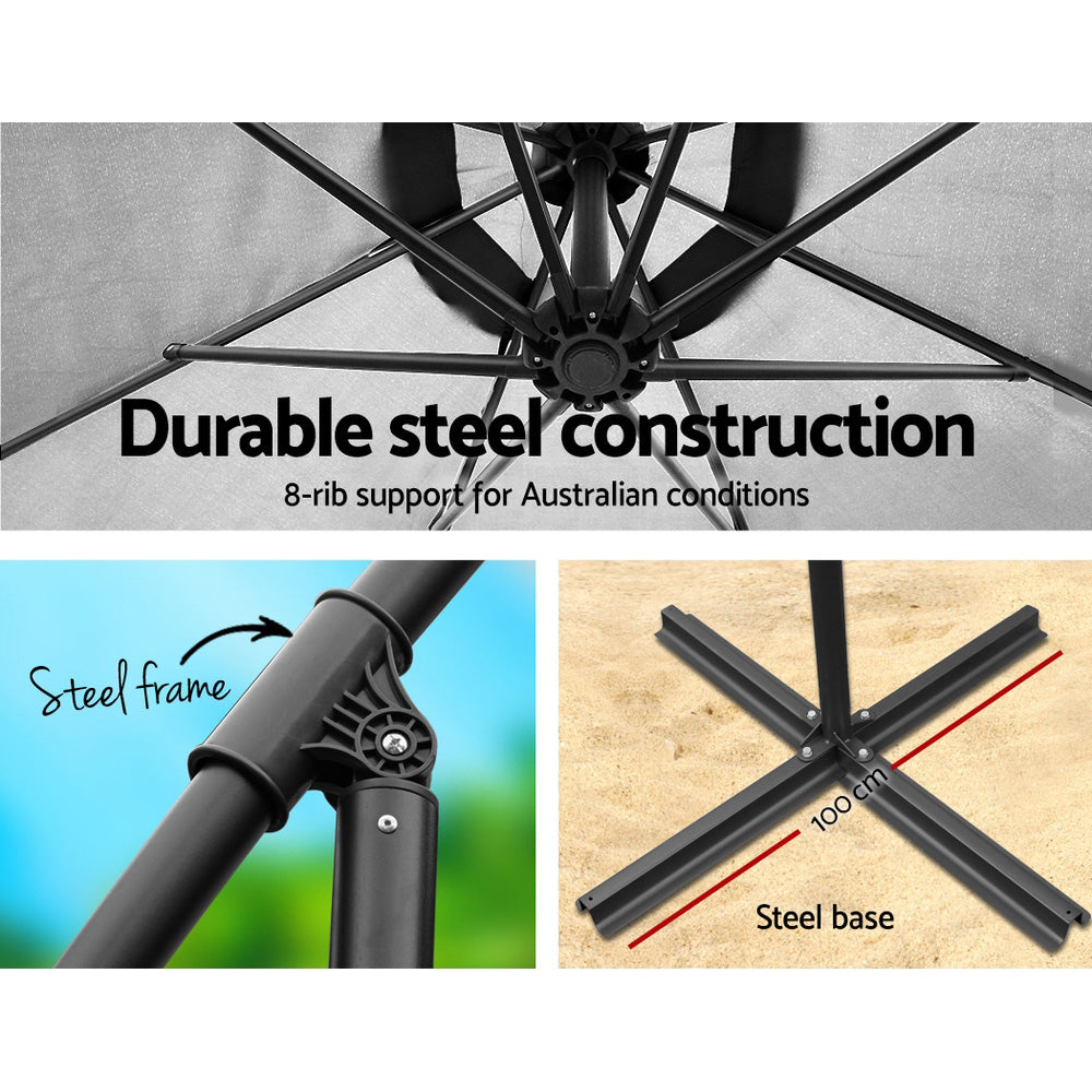 Umbrella with durable steel construction details, including 8-rib support and steel frame and base.