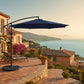 Blue patio umbrella with black stand on a white background