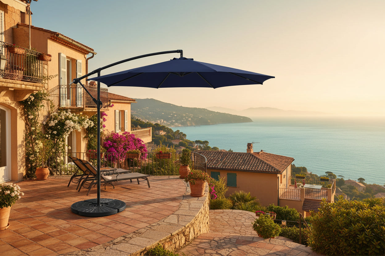 Blue patio umbrella with black stand on a white background