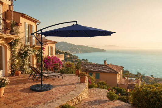 Blue patio umbrella with black stand on a white background