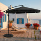 Black patio umbrella with a stand on a white background