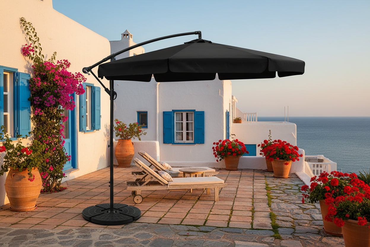 Black patio umbrella with a stand on a white background