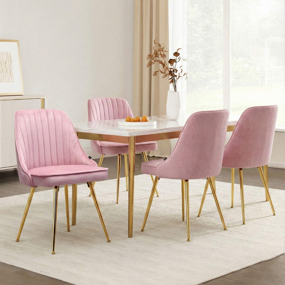 Set of 4 Pink Velvet Channel Tufted Dining Chairs