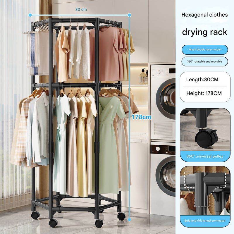 Double Layer Rolling Garment Rack with 360° Rotation – Black