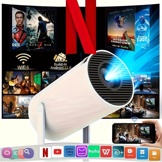 Pro mini portable projector, native 1280 * 720P support 4K / 350ANSI smart projector, with WiFi 6 BT 6.0, Screen adjustment, 180-degree rotation, home video projector with Android 11. 0 operating system built-in