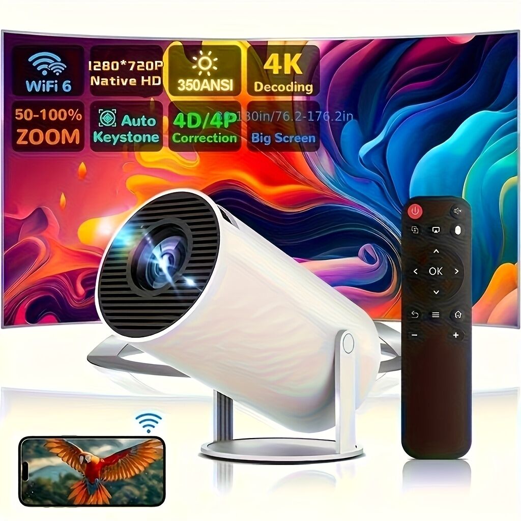 Pro mini portable projector, native 1280 * 720P support 4K / 350ANSI smart projector, with WiFi 6 BT 6.0, Screen adjustment, 180-degree rotation, home video projector with Android 11. 0 operating system built-in