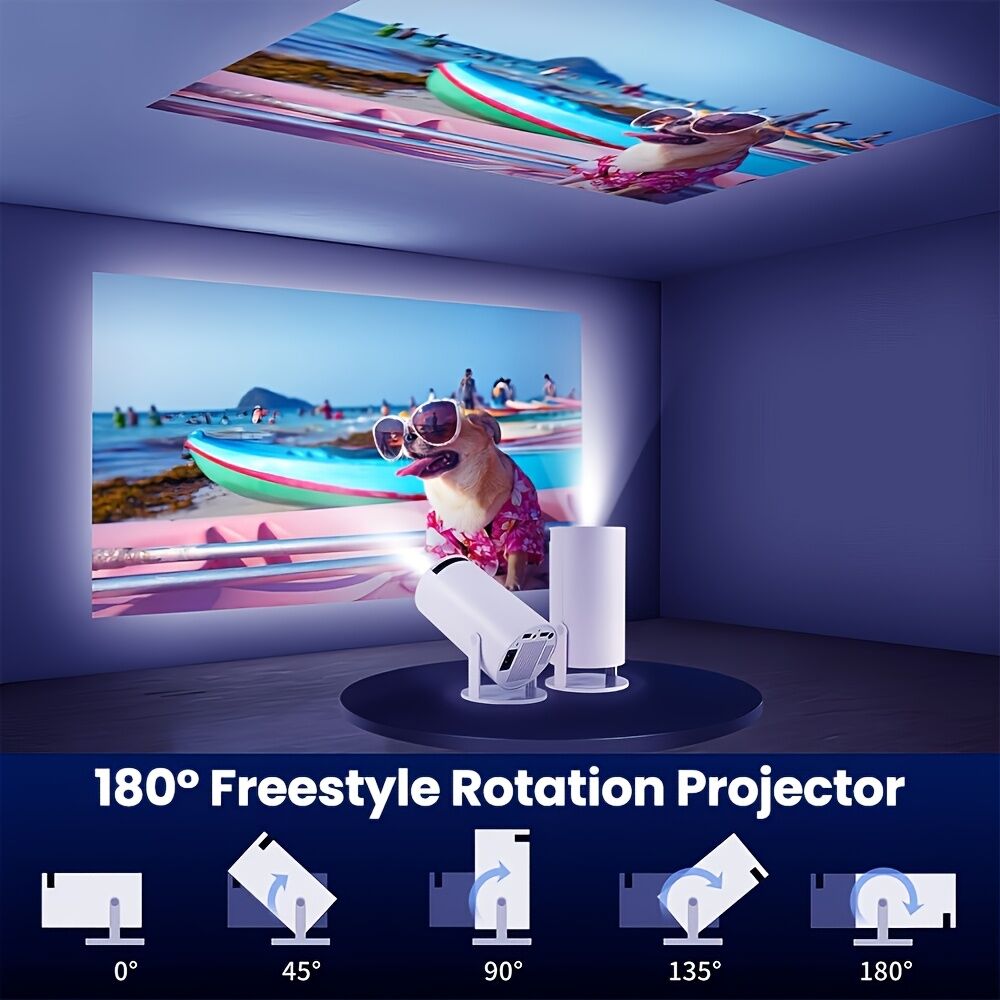Pro mini portable projector, native 1280 * 720P support 4K / 350ANSI smart projector, with WiFi 6 BT 6.0, Screen adjustment, 180-degree rotation, home video projector with Android 11. 0 operating system built-in