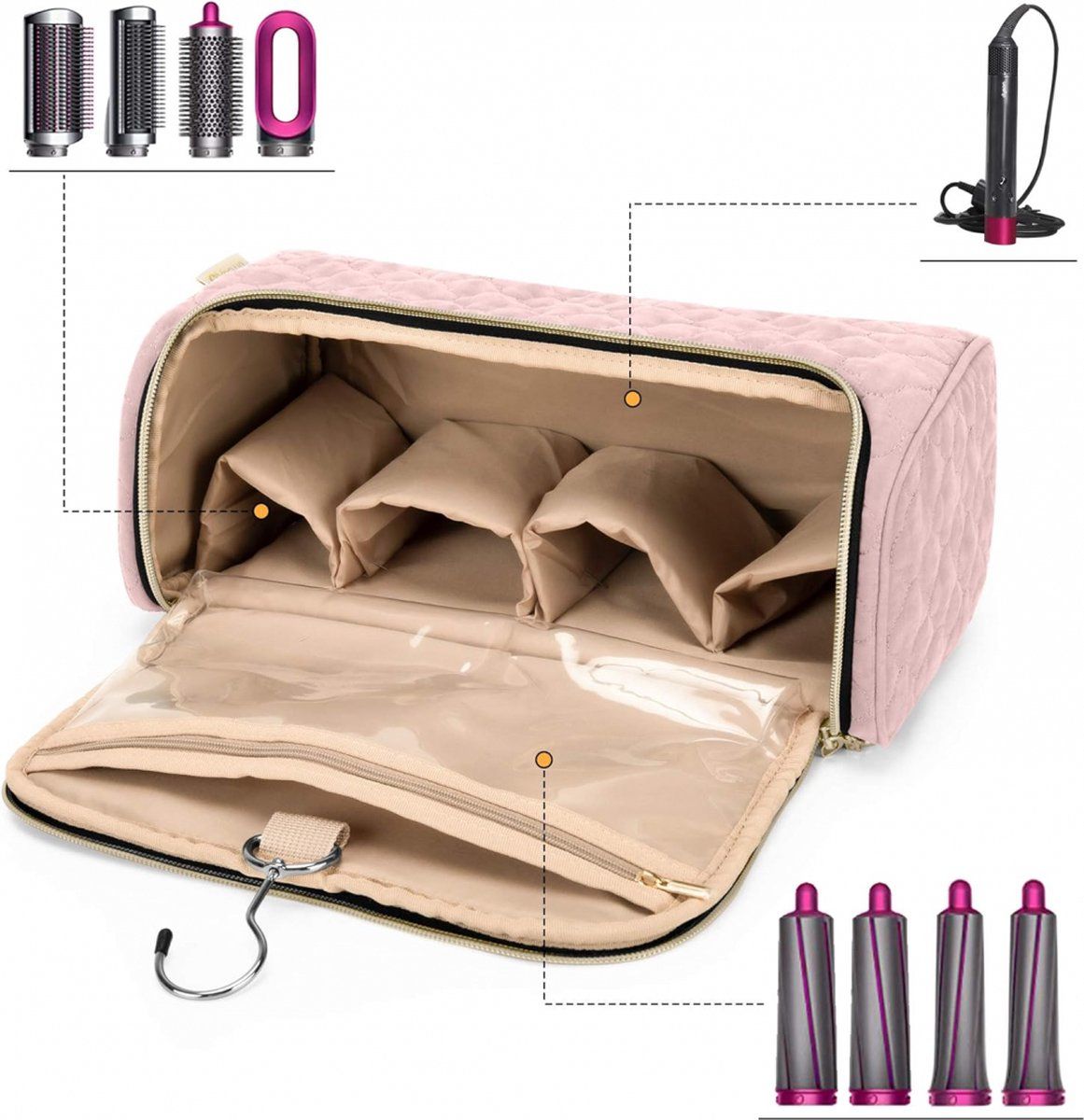 Hair Dryer Travel Case with Straightener Attachment Compartments