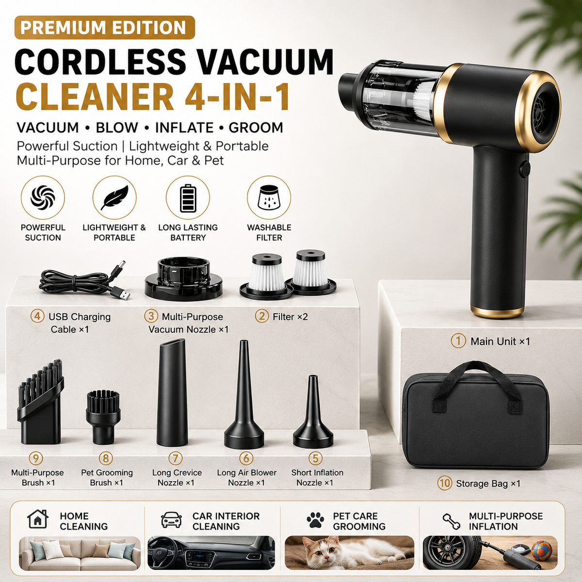 4-in-1 Cordless Handheld Vacuum and Air Duster – Black