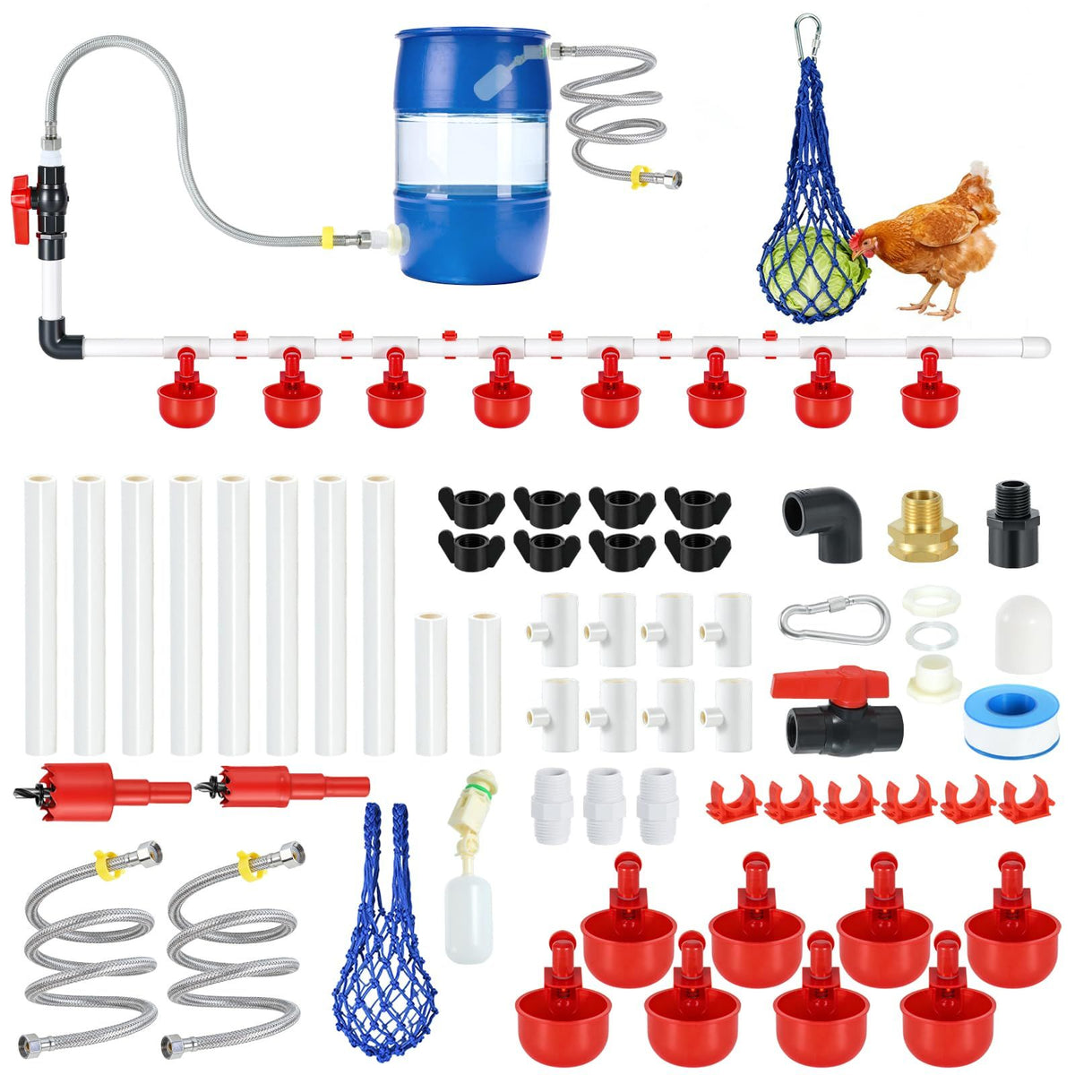 57 Piece Automatic Chicken Waterer Kit with 8 Water Cups