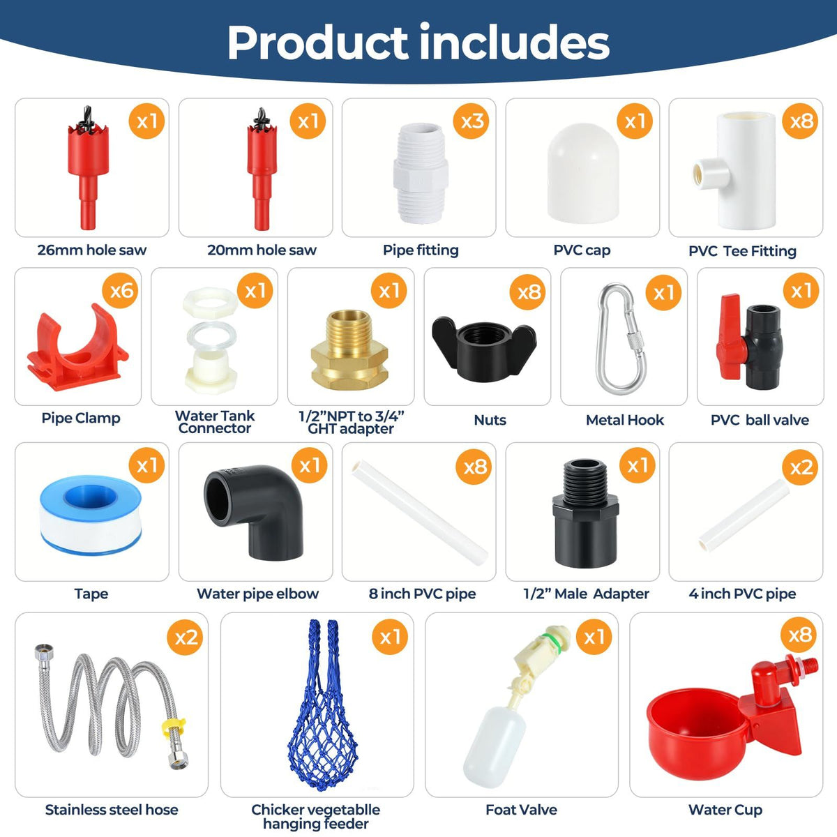 57 Piece Automatic Chicken Waterer Kit with 8 Water Cups