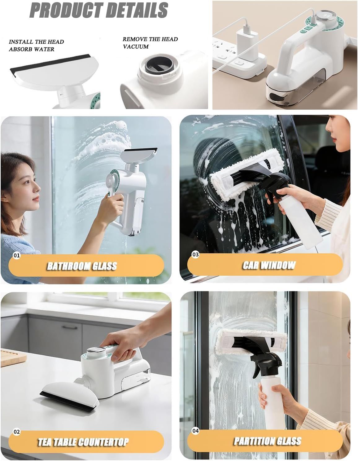 1200Pa Cordless Electric Window Cleaner – LED Display, Grey