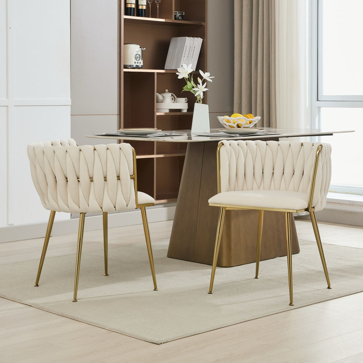 Set of 2 Beige Velvet Woven Dining Chairs – Golden Metal Legs