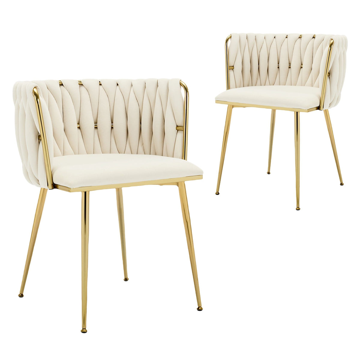 Set of 2 Beige Velvet Woven Dining Chairs – Golden Metal Legs