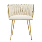 Set of 2 Beige Velvet Woven Dining Chairs – Golden Metal Legs