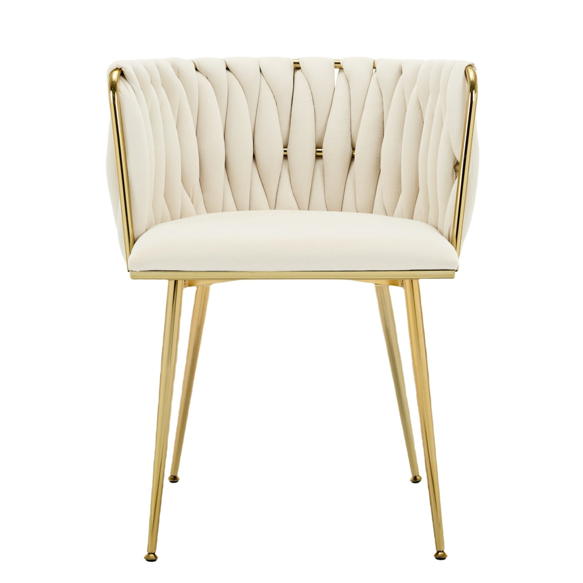 Set of 2 Beige Velvet Woven Dining Chairs – Golden Metal Legs