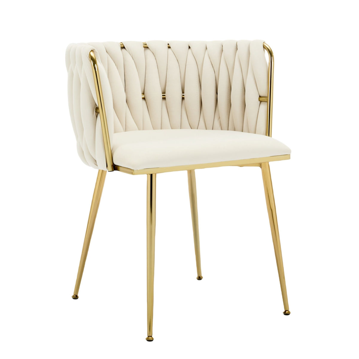 Set of 2 Beige Velvet Woven Dining Chairs – Golden Metal Legs