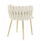Set of 2 Beige Velvet Woven Dining Chairs – Golden Metal Legs