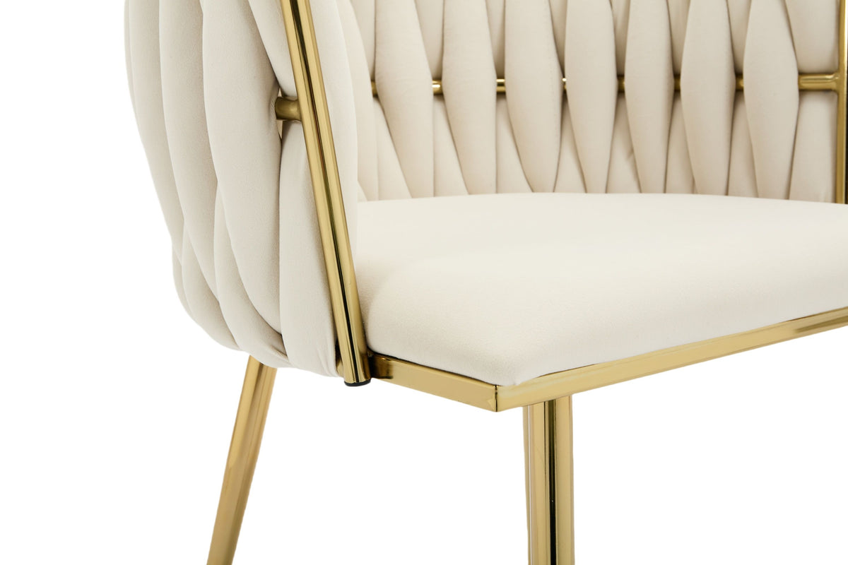 Set of 2 Beige Velvet Woven Dining Chairs – Golden Metal Legs
