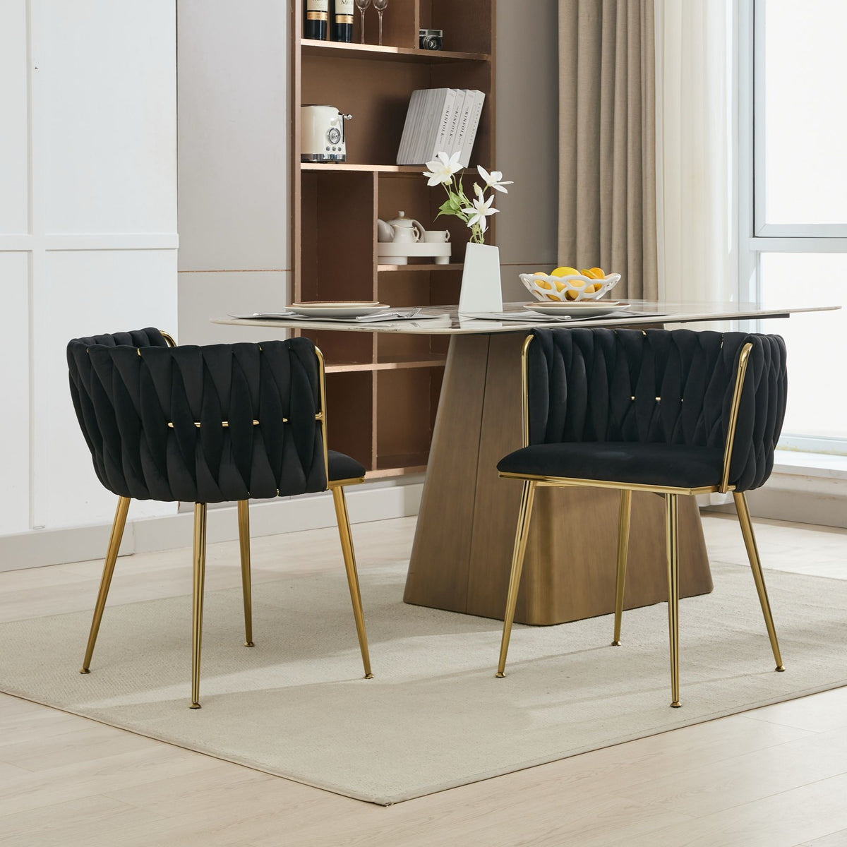 Set of 2 Black Velvet Woven Dining Chairs – Golden Metal Legs