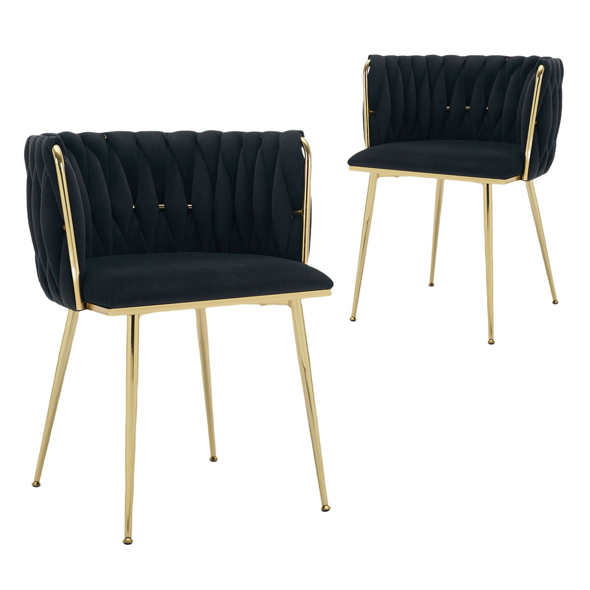 Set of 2 Black Velvet Woven Dining Chairs – Golden Metal Legs