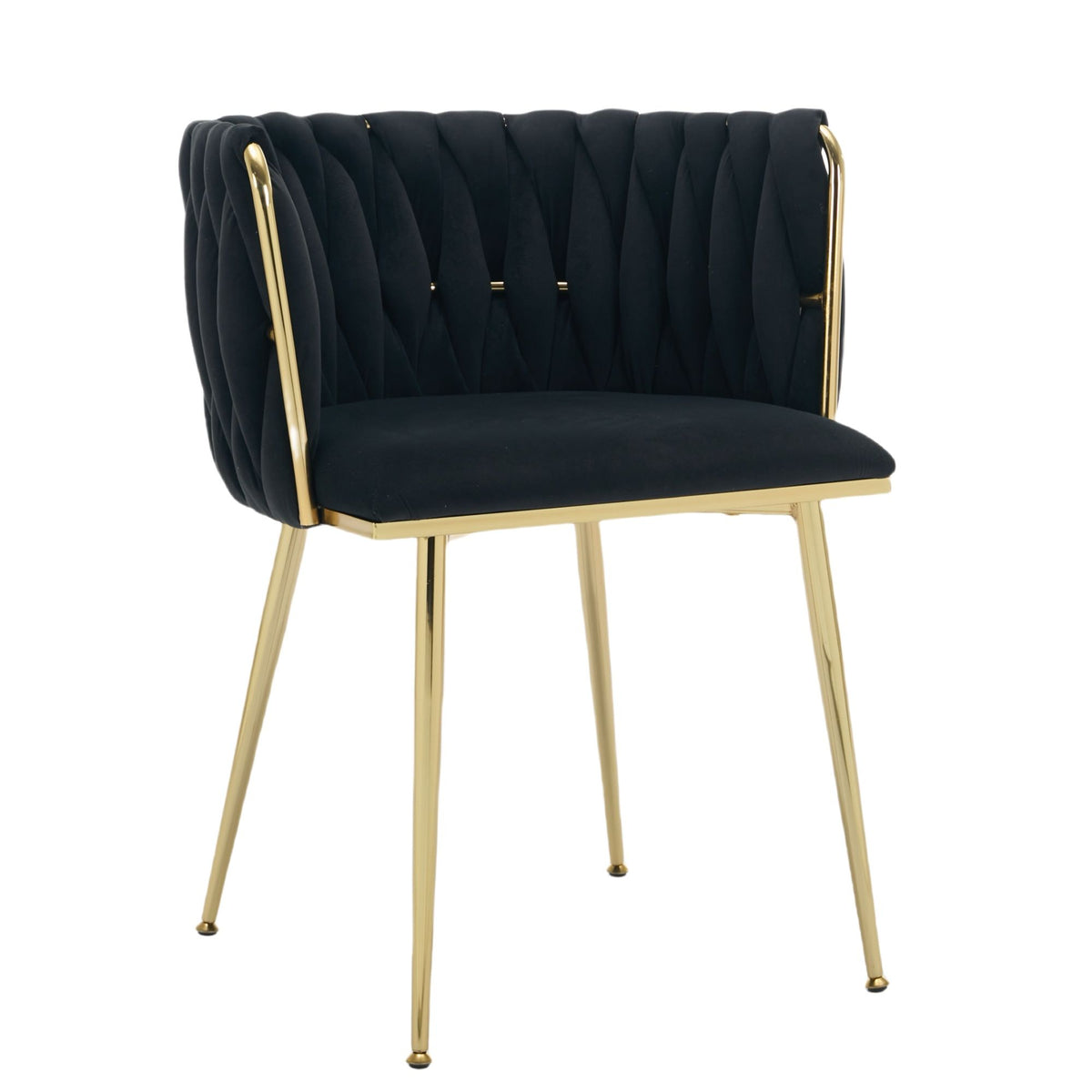 Set of 2 Black Velvet Woven Dining Chairs – Golden Metal Legs
