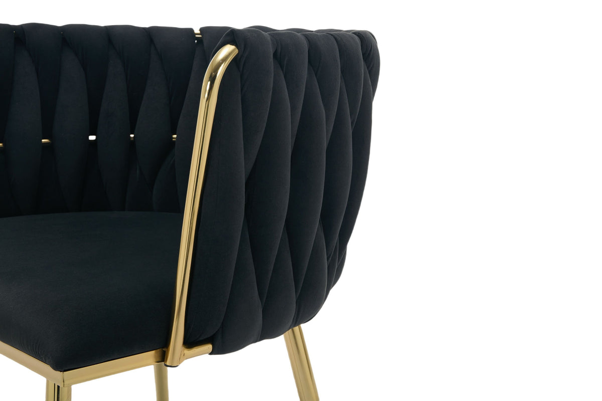 Set of 2 Black Velvet Woven Dining Chairs – Golden Metal Legs