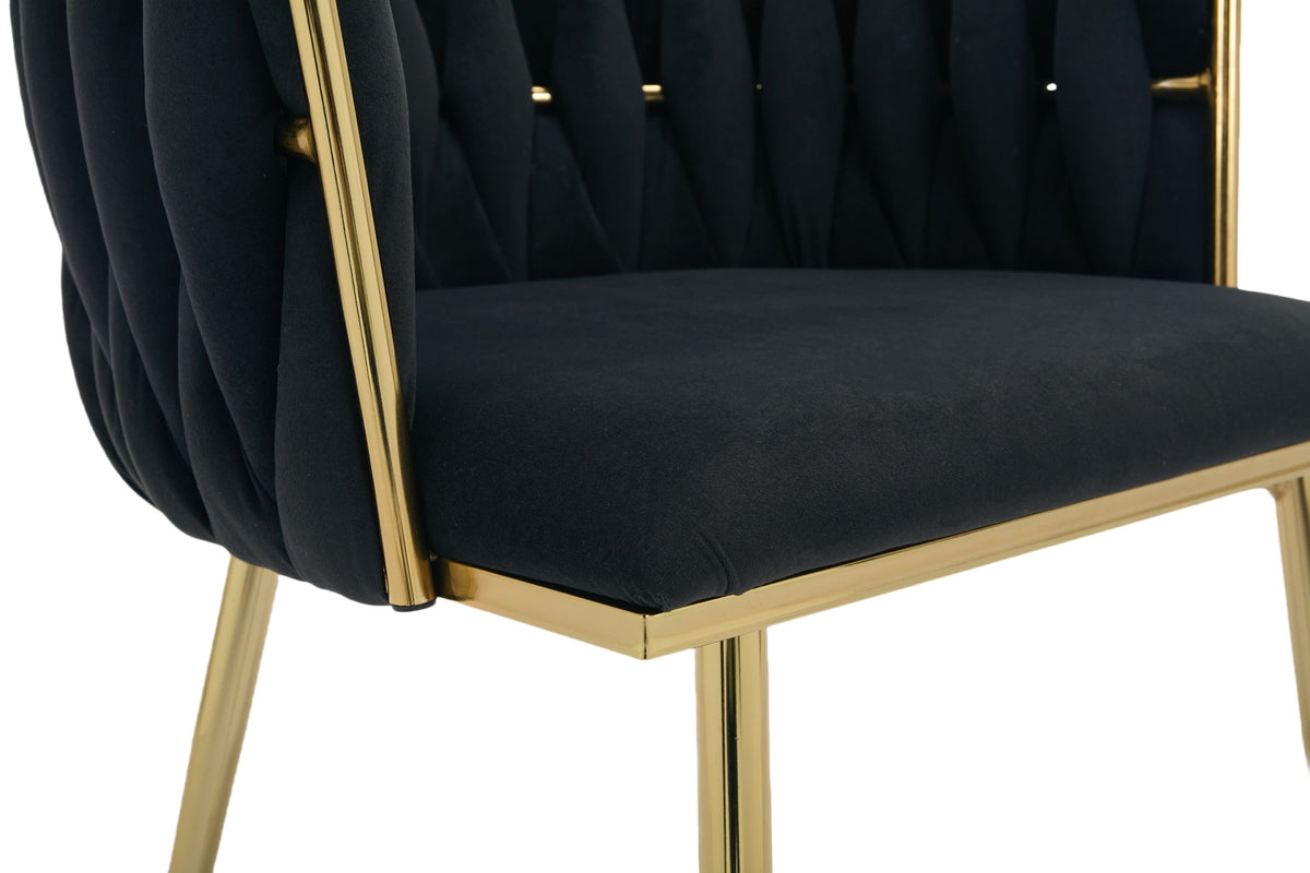 Set of 2 Black Velvet Woven Dining Chairs – Golden Metal Legs