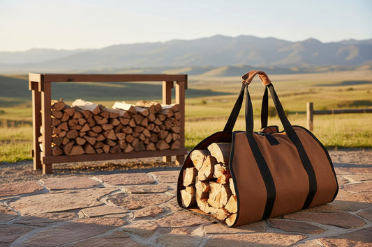 Brown duffel bag with black straps filled with wood, held by a person wearing jeans and sneakers.