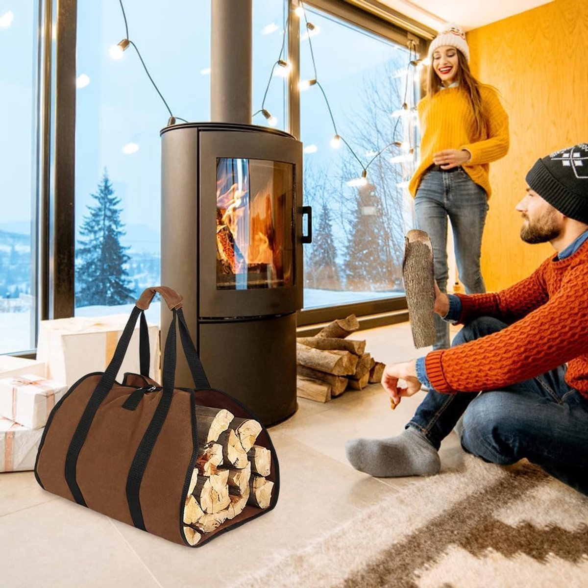 Two people by a fireplace with a carrying bag of firewood in a cozy room.