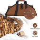 Brown and black carrying bag with handles, shown in a snowy outdoor setting with stacked firewood.