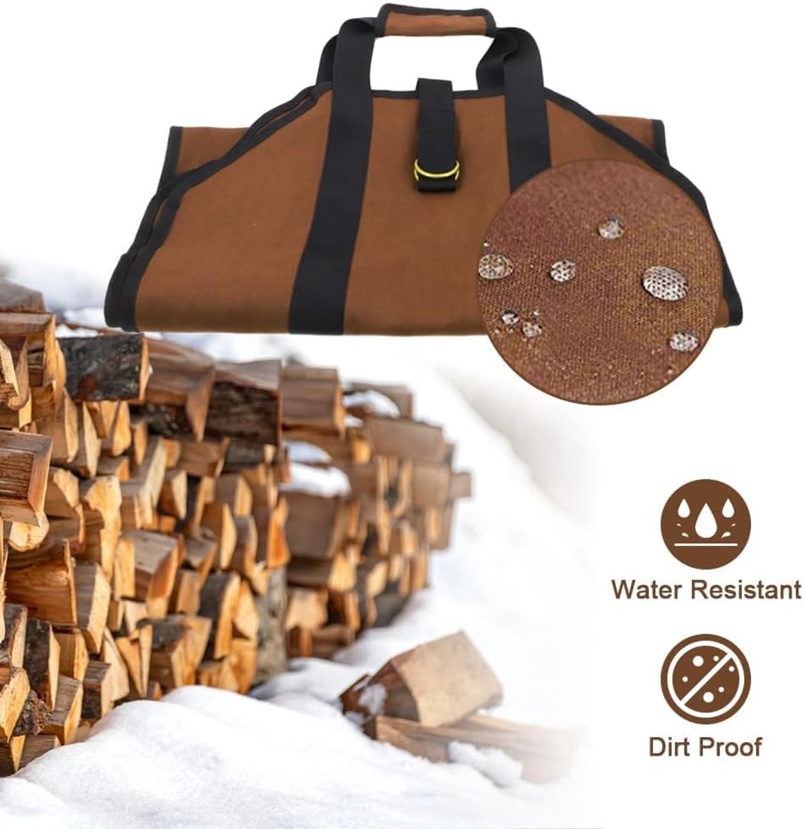 Brown and black carrying bag with handles, shown in a snowy outdoor setting with stacked firewood.