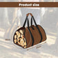 Brown duffel bag with firewood measurement details on a blurred natural background