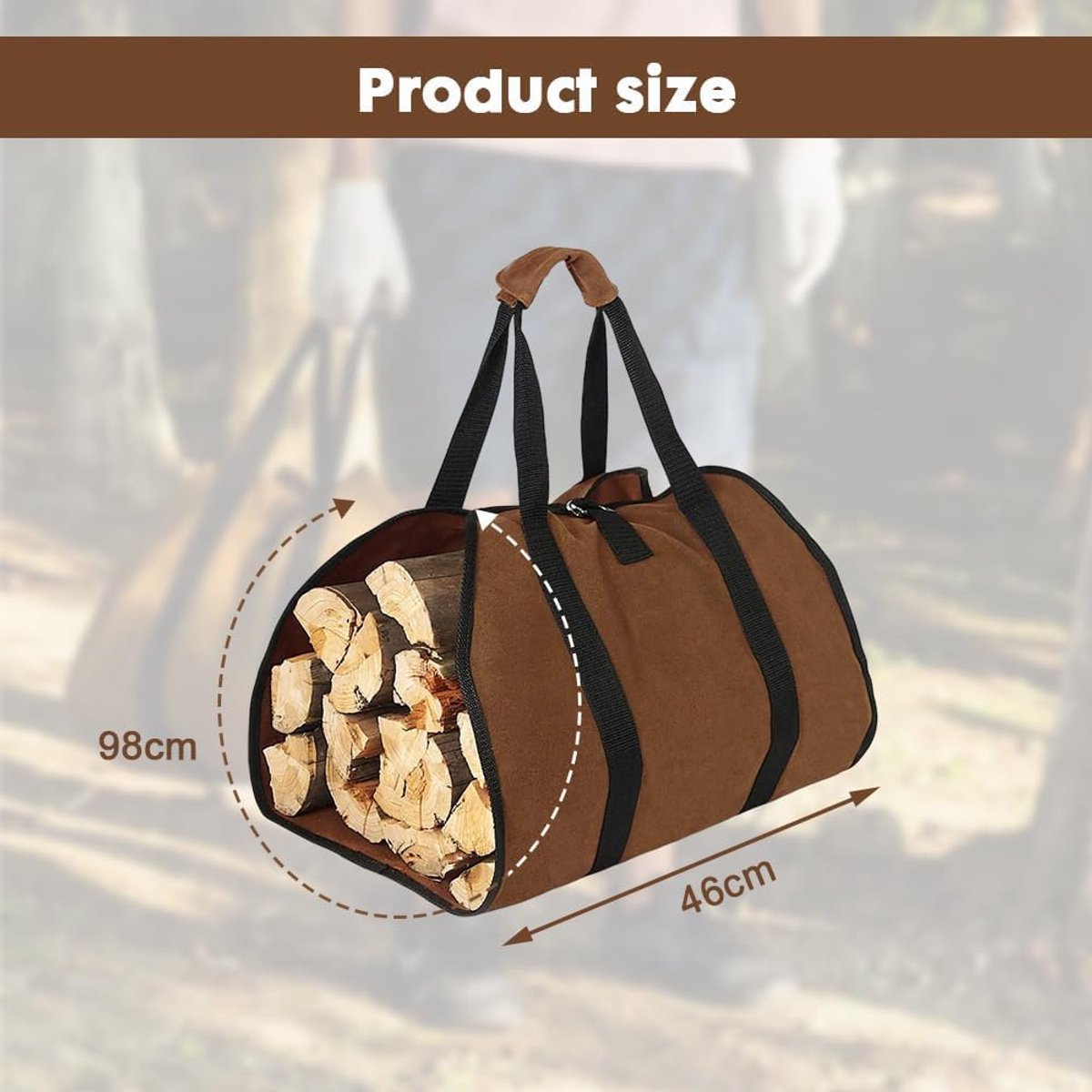 Brown duffel bag with firewood measurement details on a blurred natural background