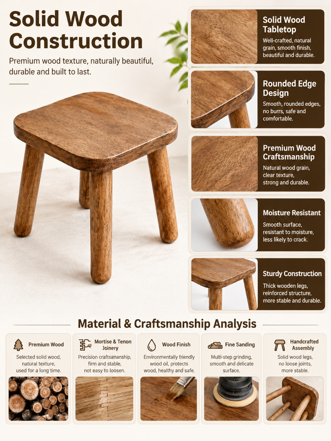 Solid Wood Mini Side Table and Stool – Black, 30x30x30cm