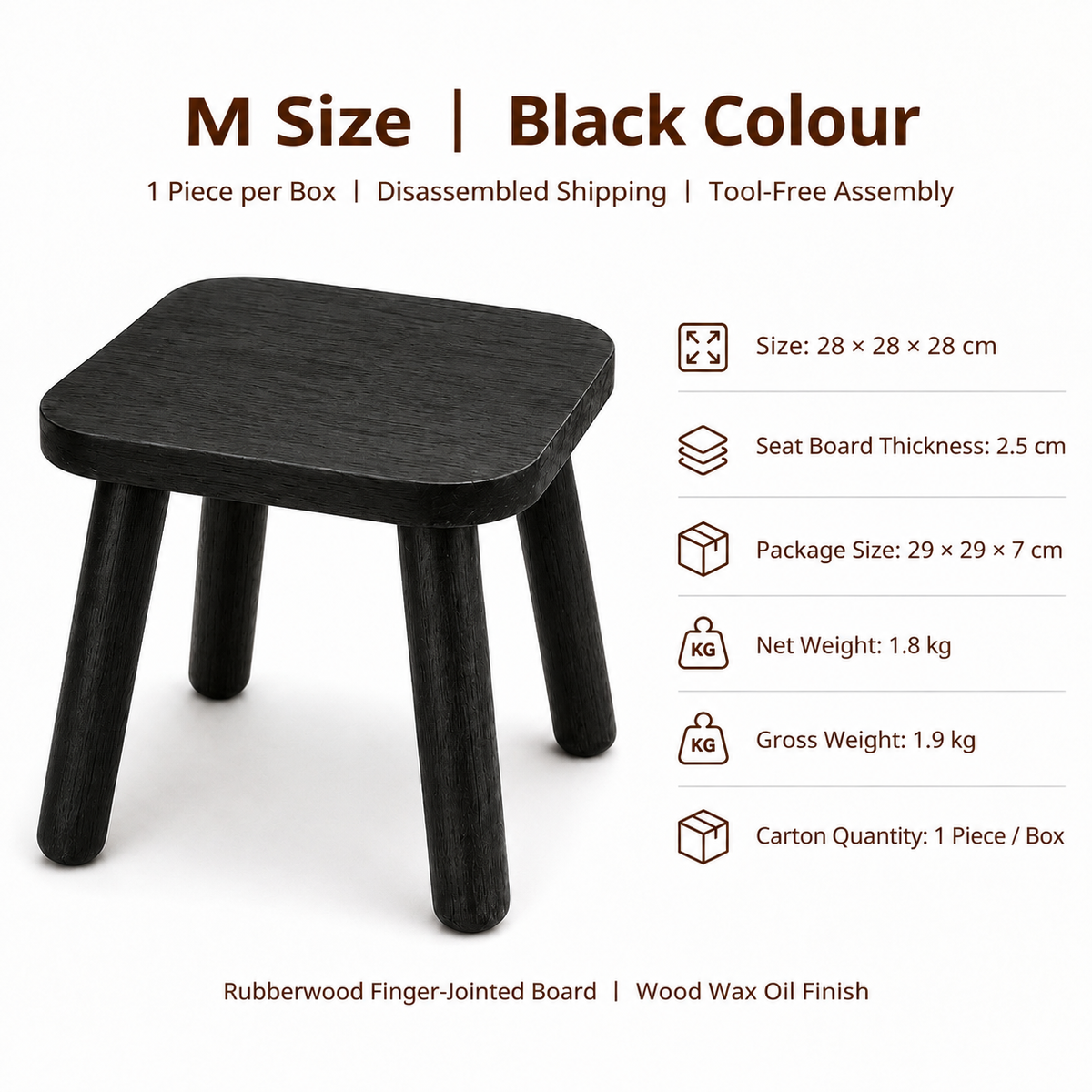 Solid Wood Mini Side Table and Stool – Black, 30x30x30cm