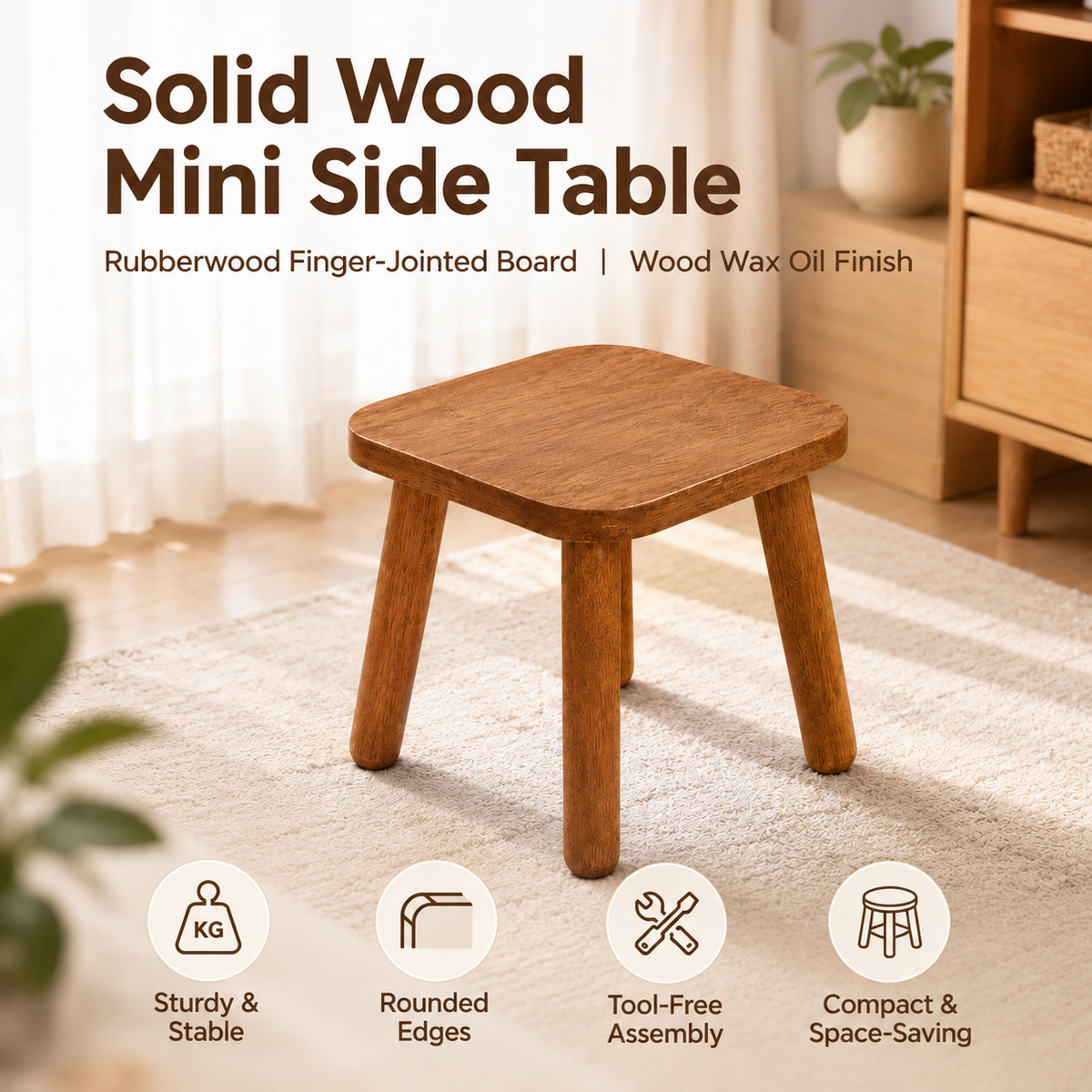 Solid Wood Mini Side Table and Stool – Walnut, 30x30x30cm